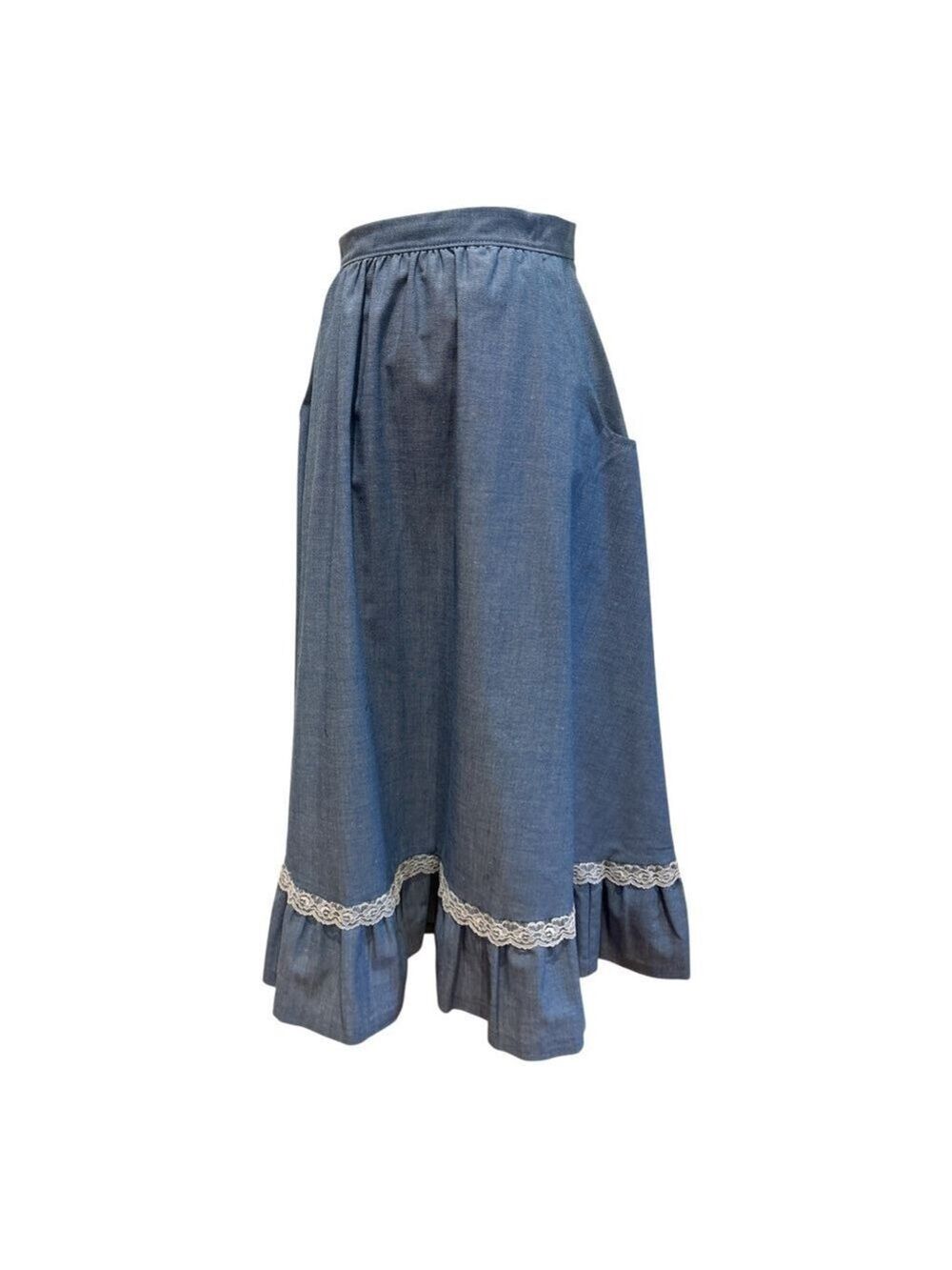 70s RTII COTTON BLUE CHAMBRAY & WHITE LACE COTTAGECORE COWGIRL MIDI SKIRT SZ S - Picture 4 of 8